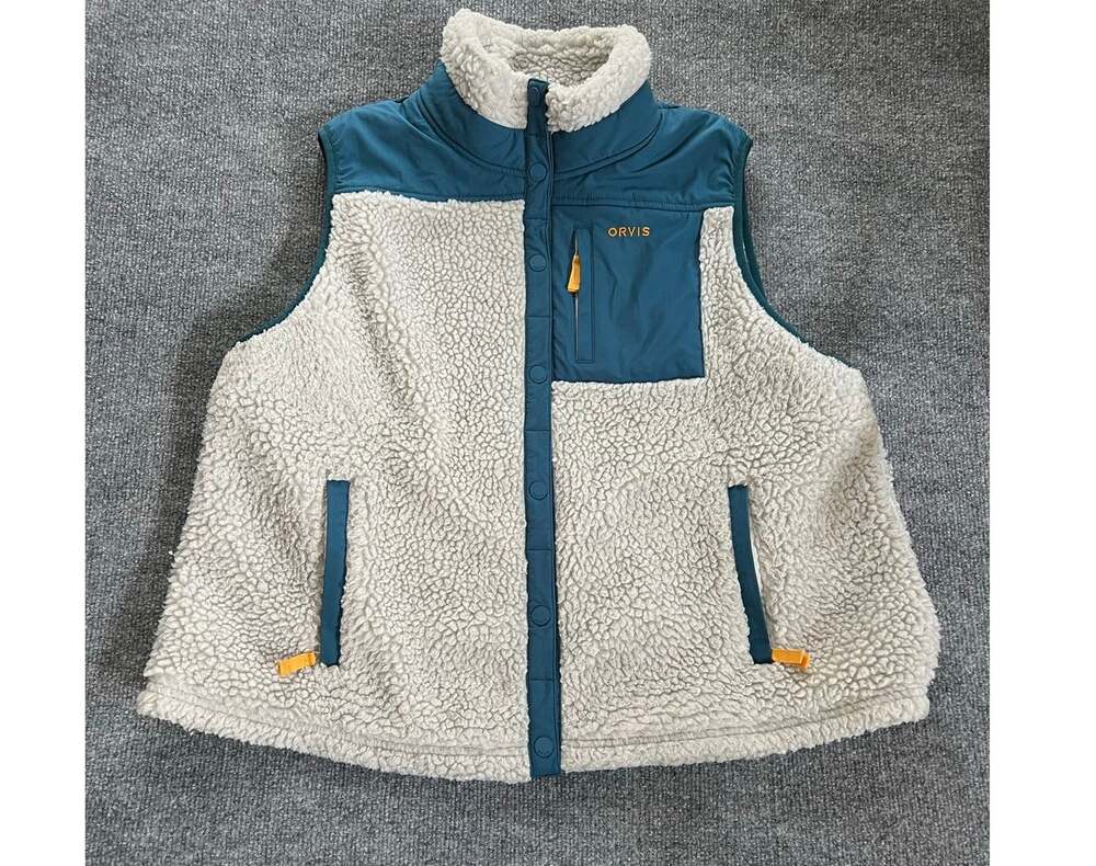 Orvis Mad River Snap Vest Cream/Gray/Teal Sherpa Fleece Vest Size XL